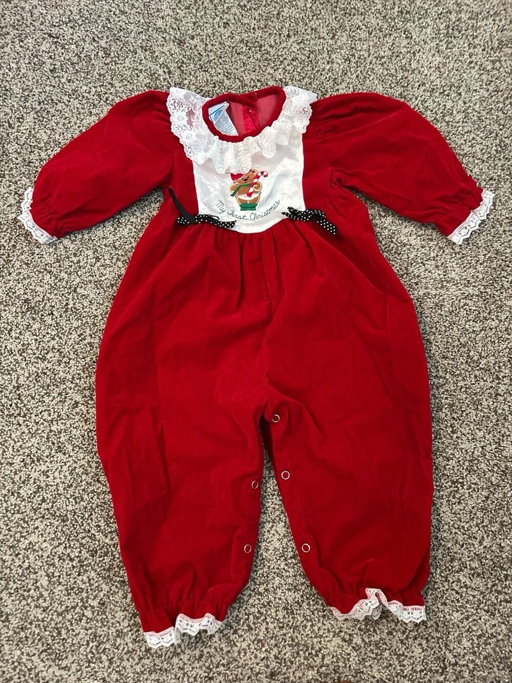 Vintage 90s Red Velvet Bubble Jumpsuit Bib Collar Puff Sleeve My 1st Christmas
